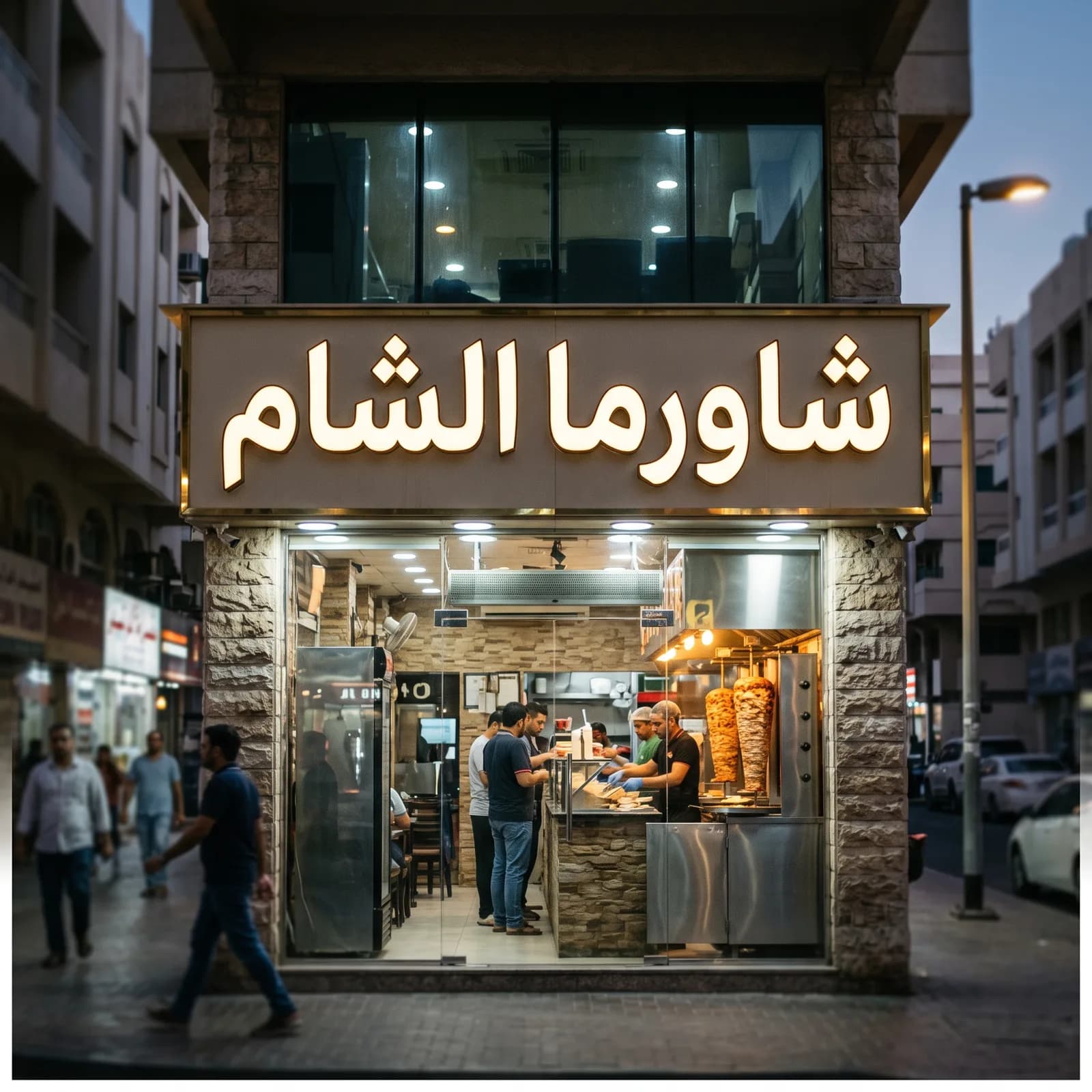 واجهة محل بلافتة مضيئة مكتوب عليها اسم المطعم بالعربي